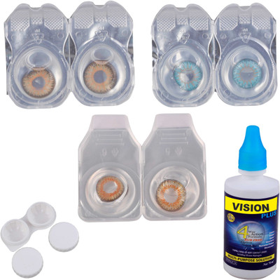 

Vision-Plus 3 Pair Blue, Honey & Hazel Color Zero Power Monthly Contact Lens With Solution & Case Monthly(0, Colored Contact Lenses, Pack of 3)