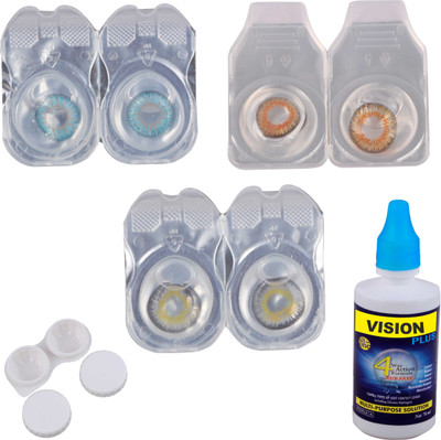 

Vision-Plus 3 Pair Blue, Honey & Grey Color Zero Power Monthly Contact Lens With Solution & Case Monthly(0, Colored Contact Lenses, Pack of 3)