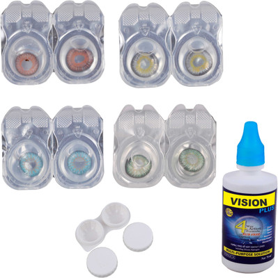 

Vision-Plus 4 Pair Blue, Green, Brown & Grey Color Zero Power Monthly Contact Lens With Solution & Case Monthly(0, Colored Contact Lenses, Pack of 4)