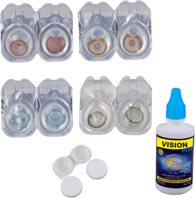 

Vision-Plus 4 Pair Blue, Brown, Green & Hazel Color Zero Power Monthly Contact Lens With Solution & Case Monthly(0, Colored Contact Lenses, Pack of 4)