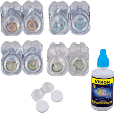 

Vision-Plus 4 Pair Blue, Green, Grey & Hazel Color Zero Power Monthly Contact Lens With Solution & Case Monthly(0, Colored Contact Lenses, Pack of 4)