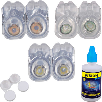 

Vision-Plus 3 Pair Grey, Green & Hazel Color Zero Power Monthly Contact Lens With Solution & Case Monthly Contact Lens(0, Green, Grey, Hazel, Pack of 3)