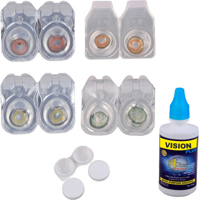 

Vision-Plus 4 Pair Honey, Brown, Grey & Green Color Zero Power Monthly Contact Lens With Solution & Case Monthly(0, Colored Contact Lenses, Pack of 4)