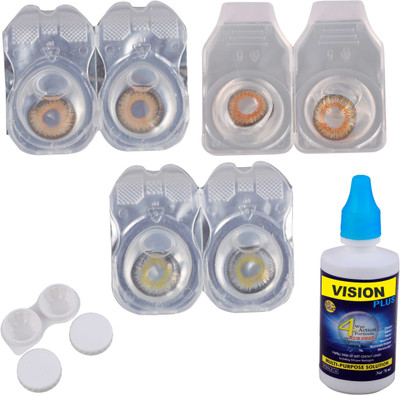 

Vision-Plus 3 Pair Hazel, Grey & Honey Color Zero Power Monthly Contact Lens With Solution & Case Monthly(0, Colored Contact Lenses, Pack of 3)