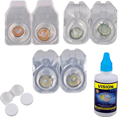 

Vision-Plus 3 Pair Grey, Green & Honey Color Zero Power Monthly Contact Lens With Solution & Case Monthly(0, Colored Contact Lenses, Pack of 3)