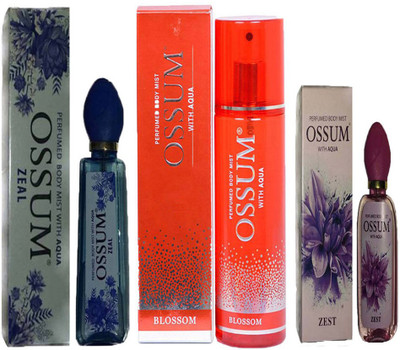 

OSSUM ZEAL PERFUMED BODY MIST 115ML+ BLOSSOM PERFUMED BODY MIST 190ML+ ZEST PERFUMED BODY MIST 115ML Deodorant Spray - For Men & Women(115 ml, Pack of 3)