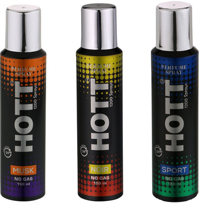 

HOTT MUSK, NOIR & SPORT NO Gas Deodorant for Men- (Set of 3) (150ml each) Perfume Body Spray - For Men(150 ml, Pack of 3)