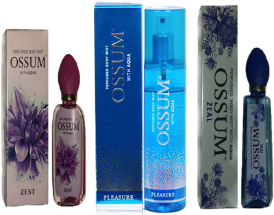 

OSSUM ZEAL PERFUMED BODY MIST 115ML+ PLEASURE PERFUMED BODY MIST 190ML+ ZEST PERFUMED BODY MIST 115ML Deodorant Spray - For Men & Women(115 ml, Pack of 3)
