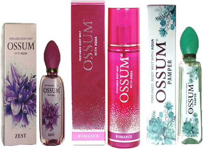 

OSSUM ZEST PERFUMED BODY MIST 115ML+ ROMANCE PERFUMED BODY MIST 190ML+ PAMPER PERFUMED BODY MIST 115ML Deodorant Spray - For Men & Women(190 ml, Pack of 3)