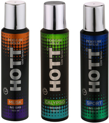 

HOTT MUSK, CALYPSO & SPORT NO Gas Deodorant for Men- (Set of 3) (150ml each) Perfume Body Spray - For Men(150 ml, Pack of 3)