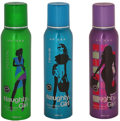 

Naughty Girl CRYSTAL FEMME & SUMMER No Gas Deodorant for Women- (Set of 3) (150ml each) Perfume Body Spray - For Women(150 ml, Pack of 3)