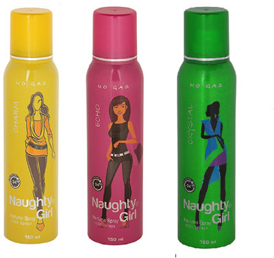 

Naughty Girl CHROME,ECHO & CRYSTAL No Gas Deodorant for Women- (Set of 3) (150ml each) Perfume Body Spray - For Women(150 ml, Pack of 3)