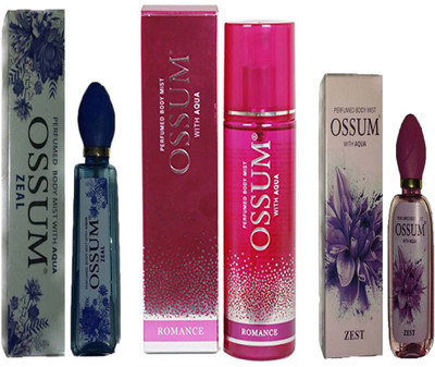 

OSSUM ZEAL PERFUMED BODY MIST 115ML+ ROMANCE PERFUMED BODY MIST 190ML+ ZEST PERFUMED BODY MIST 115ML Deodorant Spray - For Men & Women(115 ml, Pack of 3)
