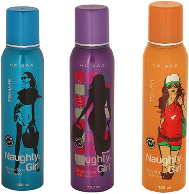 

Naughty Girl FEMME SUMMER & TOUH No Gas Deodorant for Women- (Set of 3) (150ml each) Perfume Body Spray - For Women(150 ml, Pack of 3)