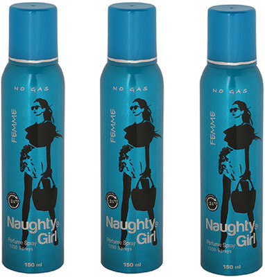 

Naughty Girl FEMME No Gas Deodorant for Women- Pack of 3 (150ml each) Perfume Body Spray - For Women(150 ml, Pack of 3)