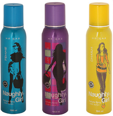 

Naughty Girl FEMME SUMMER & CHROME No Gas Deodorant for Women- (Set of 3) (150ml each) Perfume Body Spray - For Women(150 ml, Pack of 3)