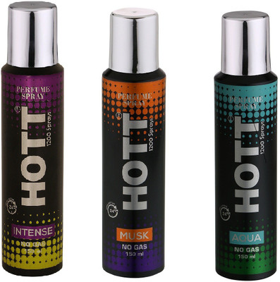 

HOTT INTENSE WOGAS, MUSK & AQUA NO Gas Deodorant for Men- (Set of 3) (150ml each) Perfume Body Spray - For Men(150 ml, Pack of 3)