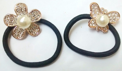 

Rk Women Designer 2 Pcs. Set Party Wear Butterfly and Flower Shape Crystal Rhinestone Pearl Hair Rubber Band Rope Elastic Ponytail Holder Accessories Hair Band(Gold)