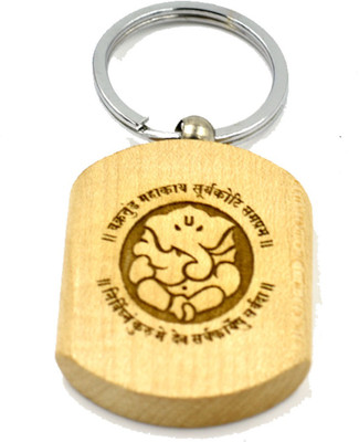 faynci Lord Ganeshaya Engraved Handcrafted Wooden Key Chain for Gifting, Good Luck and Protection Key Chain