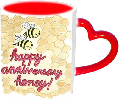 

Raj Laxmi Happy Anniversary Honey Red Heart Handle Ceramic Mug(350 ml)