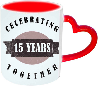

Raj Laxmi Celebrating 15th Years Together Red Heart Handle Ceramic Mug(350 ml)