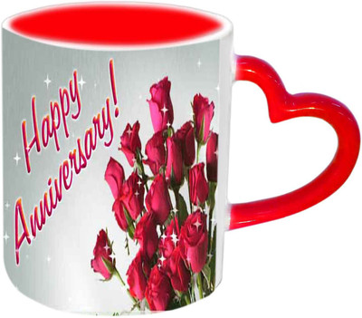 

Raj Laxmi Lovely Roses Happy Anniversary Wishes Red Heart Handle Ceramic Mug(350 ml)