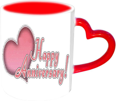 

Raj Laxmi Happy Anniversary Wishes With Hearts Design Red Heart Handle Ceramic Mug(350 ml)