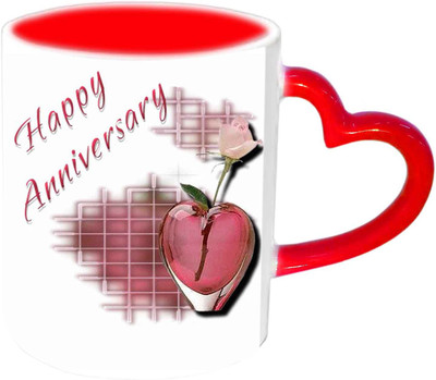 

Raj Laxmi Happy Anniversary With Crystel Heart Design Red Heart Handle Ceramic Mug(350 ml)