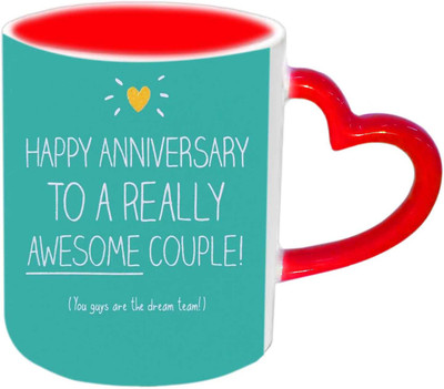 

Raj Laxmi Happy Anniversary To A Awesome Couple Red Heart Handle Ceramic Mug(350 ml)