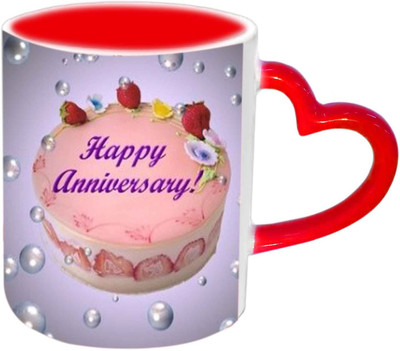 

Raj Laxmi Happy Anniversary With Yummy Cake Red Heart Handle Ceramic Mug(350 ml)