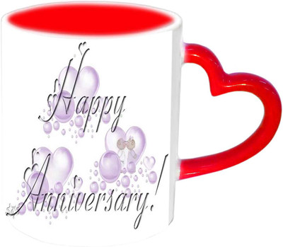

Raj Laxmi Happy Anniversary With Love Drops Red Heart Handle Ceramic Mug(350 ml)