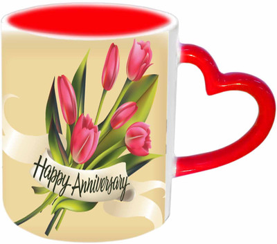 Raj Laxmi Anniversary Wishes Red Heart Handle Ceramic Mug(350 ml)