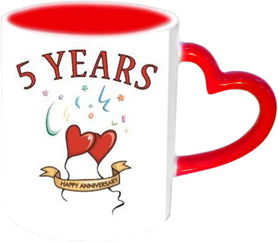 

Raj Laxmi 5 Years Of Love,Wish You A Happy Anniversary Red Heart Handle Ceramic Mug(350 ml)