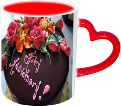 

Raj Laxmi Happy Anniversary With Yummy Cake Desaign Red Heart Handle Ceramic Mug(350 ml)
