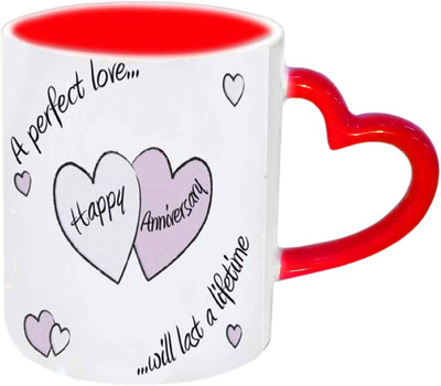 

Raj Laxmi Happy Anniversary For Perfect Couples Red Heart Handle Ceramic Mug(350 ml)