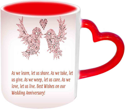 Raj Laxmi Best Wishes On Wedding Anniversary Red Heart Handle Ceramic Mug(350 ml)