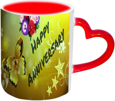 

Raj Laxmi Happy Anniversary With Butterfly Design Red Heart Handle Ceramic Mug(350 ml)