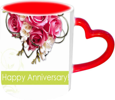 

Raj Laxmi Anniversary Wishes With Flowers Red Heart Handle Ceramic Mug(350 ml)