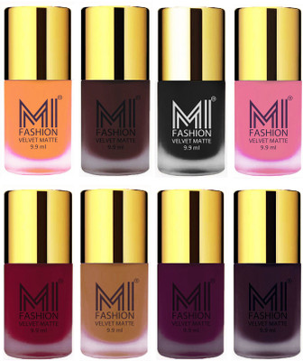

MI Fashion Unique Velvet Matte Nail Polish Sets Cosmetics Nail Paint Saffron Orange,Wine,Black,Baby Pink,Mauve,Dark Nude,Purple,Dark Purple(Pack of 8)