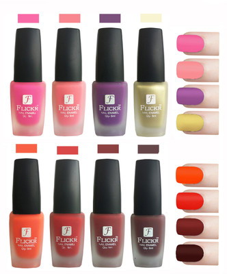 

Flickr Velvet Matte Nail Polish Combo Pink,Peach,Purple,Golden,Orange,Red,Reddish Maroon(Pack of 8)