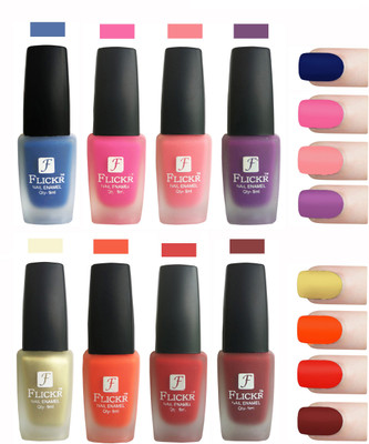 

Flickr Velvet Matte Nail Polish Combo Blue,Pink,Peach,Purple,Golden,Orange,Red,Reddish Maroon(Pack of 8)