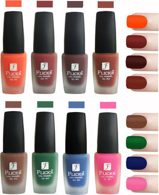 

Flickr Velvet Matte Nail Polish Combo Orange,Reddish Maroon,Maroon,Nude,Brown,Green,Blue,Pink(Pack of 8)