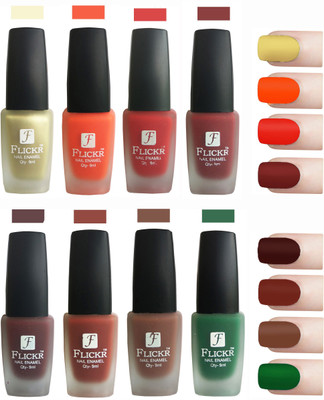 

Flickr Velvet Matte Nail Polish Combo Golden,Orange,Red,Reddish Maroon,Maroon,Nude,Brown,Green(Pack of 8)