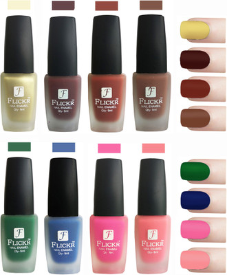 

Flickr Velvet Matte Nail Polish Combo Golden,Maroon,Nude,Brown,Green,Blue,Pink,Peach(Pack of 8)