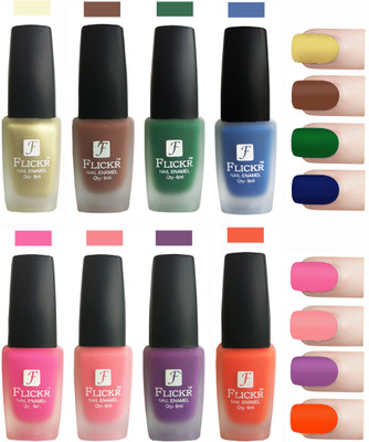 

Flickr Velvet Matte Nail Polish Combo Golden, Brown,Green,Blue,Pink, Peach, Purple, Orange(Pack of 8)