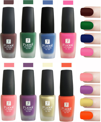 

Flickr Velvet Matte Nail Polish Combo Maroon,Green,Blue,Pink,Peach,Purple,Golden,Orange(Pack of 8)