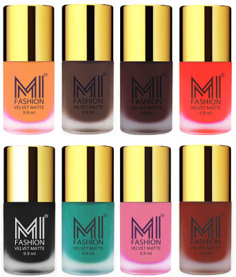 

MI Fashion Unique Velvet Matte Nail Polish Sets Cosmetics Nail Paint Saffron Orange,Coffee,Wine,Orange,Black,Sky Blue,Baby Pink,Red(Pack of 8)