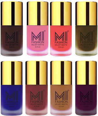

MI Fashion Unique Velvet Matte Nail Polish Sets Cosmetics Nail Paint Wine,Baby Pink,Neon Orange,Olive Brown ,Royal Blue,Maroon,Dark Nude,Purple(Pack of 8)
