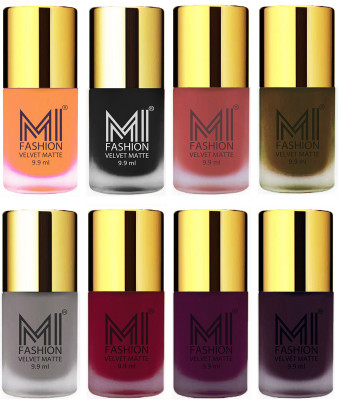 

MI Fashion Unique Velvet Matte Nail Polish Sets Cosmetics Nail Paint Saffron Orange,Black,Light Peach,Olive Brown ,Grey,Mauve,Purple,Dark Purple(Pack of 8)