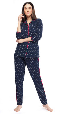 ZEYO Women Printed Blue Shirt & Pyjama set